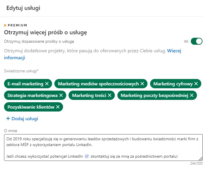 Jak zwiększyć liczbę zapytań ofertowych na LinkedIn - Sekcja usług