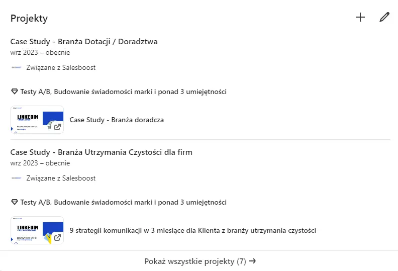 Jak uzupełnić projekty na LinkedIn