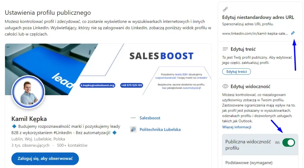 Jak zaktualizować adres URL i profil publiczny na LinkedIn