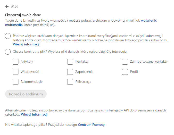 jak eksportować dane z LinkedIn